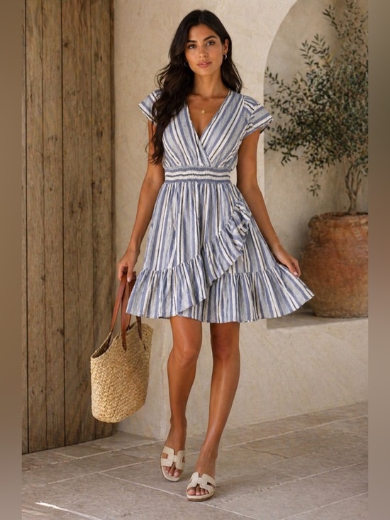 Michael Kors Dresses & Skirts - MICHAEL MICHAEL KORS Blue Smocked Ruffled Lined Striped Wrap Dress Large
